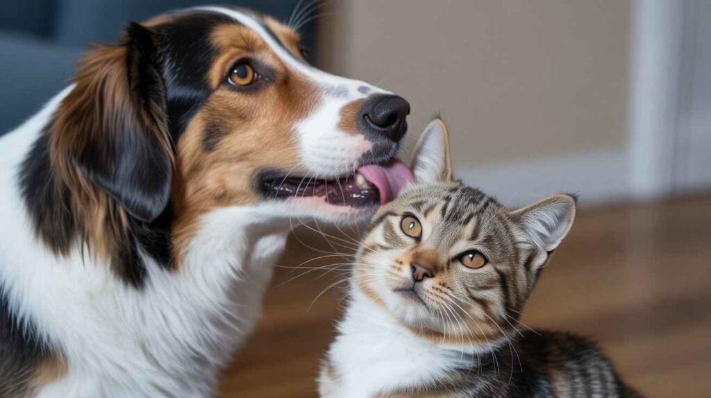 A close-up shot of a tri-colored dog gently licking the ear of a sitting brown tabby and white cat.