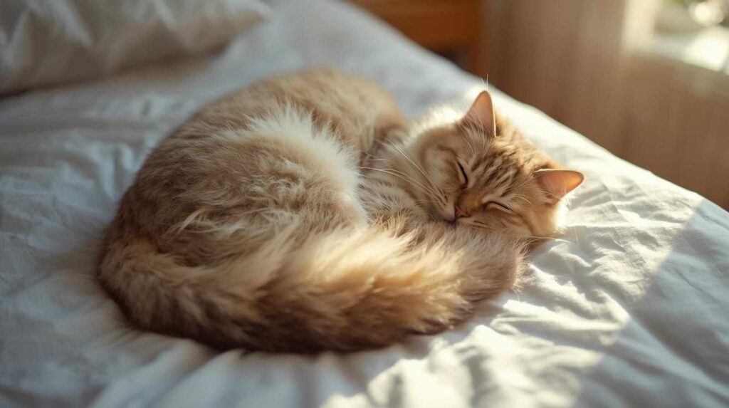A fluffy ginger tabby cat is curled up in a tight ball and sleeping soundly on a white bed, illuminated by a patch of sunlight. [Why Are Cats So Lazy?]
