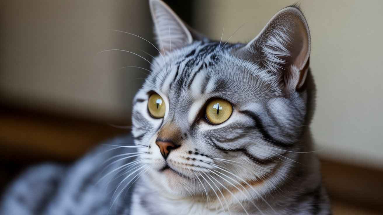 A domestic silver tabby cat with a curious expression, looking off to the side with its large yellow eyes.