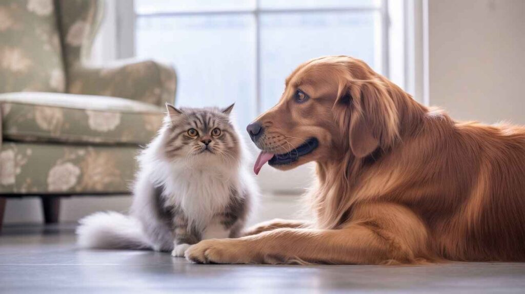 A Golden Retriever dog lying on the floor faces a fluffy gray and white cat that is sitting up.