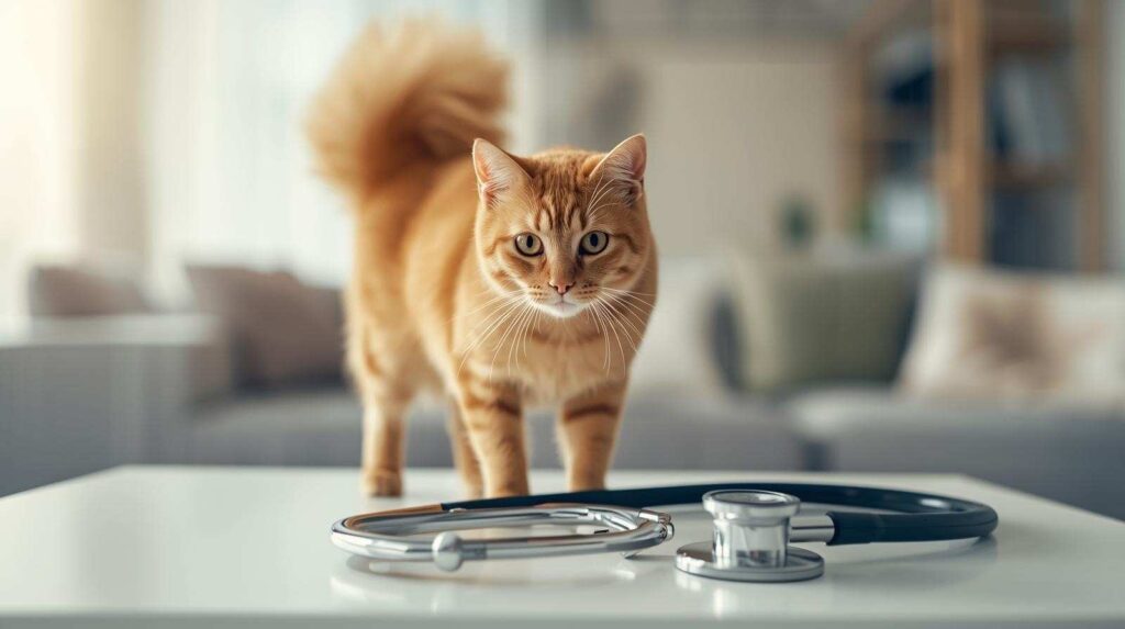 Why does my cat's tail fluff up? An orange cat stands on a white table with a stethoscope in front of it. The cat's tail is fluffed up, suggesting a stressful situation like a vet visit.


