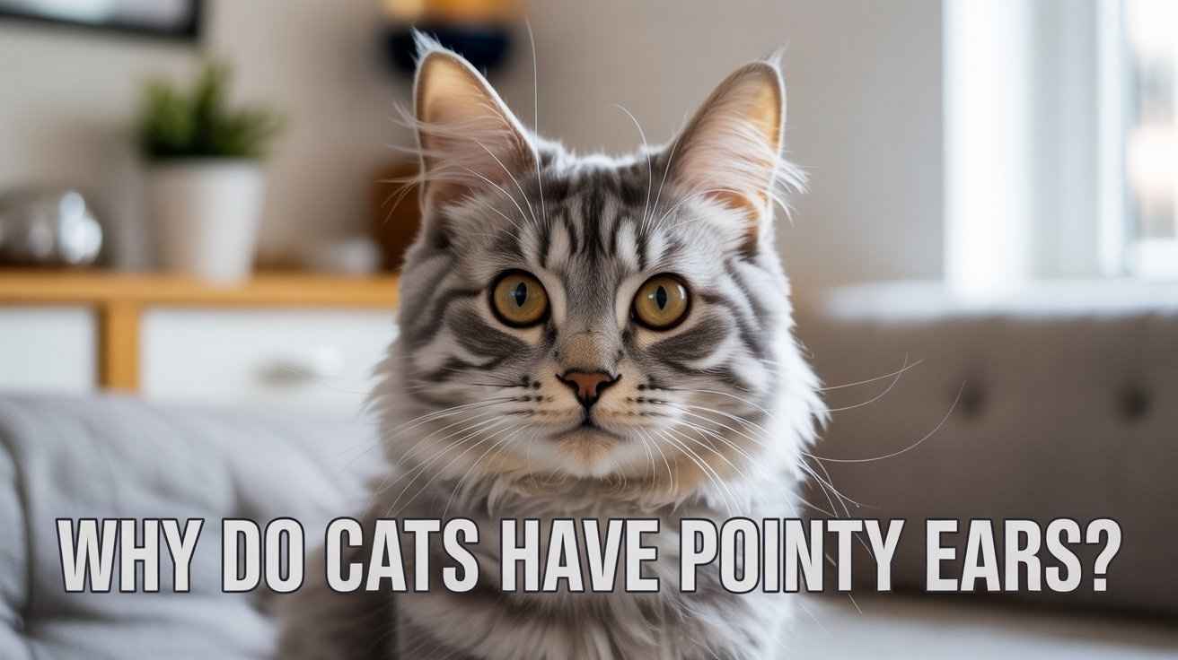 A close-up of a fluffy gray tabby cat with pointed ears and wide, amber eyes. It is looking directly at the camera. The text "WHY DO CATS HAVE POINTY EARS?" is superimposed over the bottom of the image.