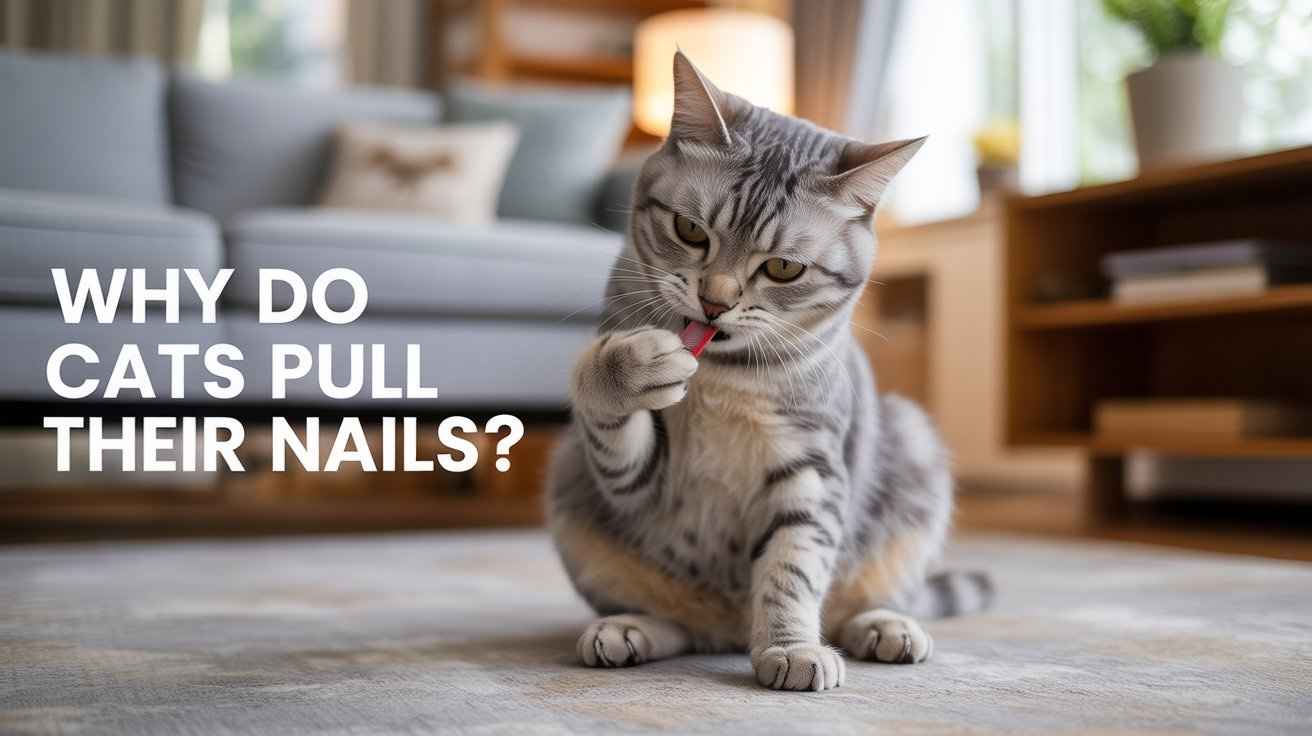 A gray and white tabby cat is sitting on a rug and chewing on its paw, with a single red object visible in its mouth near its claws. The text "WHY DO CATS PULL THEIR NAILS?" is superimposed over the image.