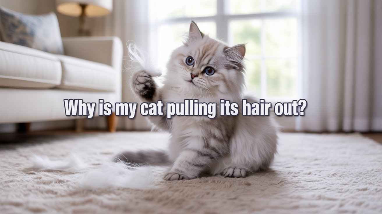 A fluffy, long-haired Persian cat with blue eyes and tabby markings sits on a shag rug. It holds a tuft of its own white fur in one paw, with a small pile of fur on the rug in front of it. The text "Why is my cat pulling its hair out?" is superimposed over the image.