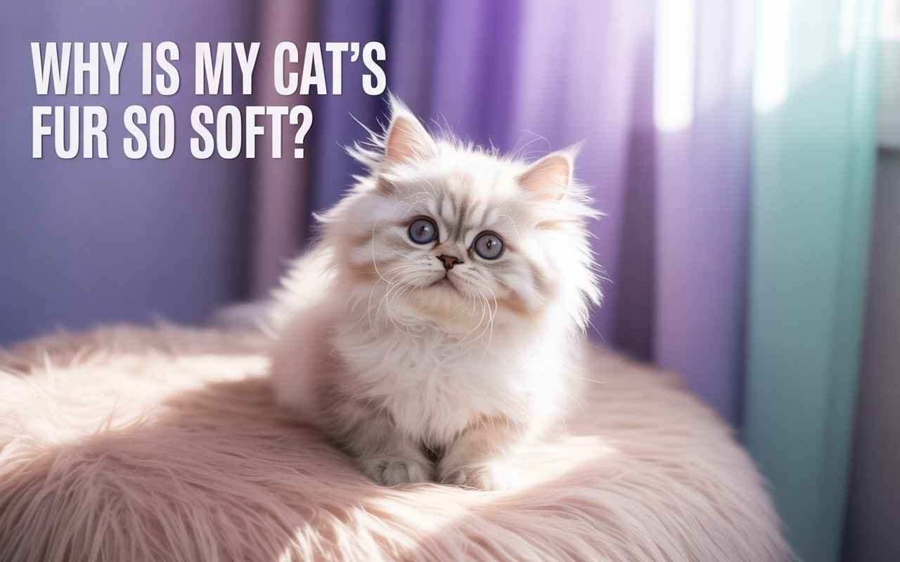 A fluffy, light-colored Persian kitten with blue eyes sits on a plush, pinkish-beige pillow or stool. The kitten is looking directly at the camera. Soft, purple lighting and natural light from a window in the background create a gentle, luminous effect. The text "WHY IS MY CAT'S FUR SO SOFT?" is overlaid in the upper left corner.
