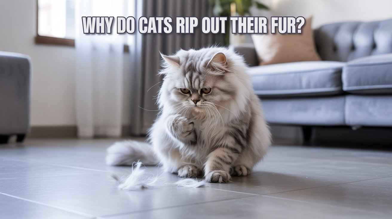 A fluffy, long-haired Persian cat with tabby markings is sitting on a tiled floor, biting its paw while a small pile of its own fur lies on the floor nearby. The text "WHY DO CATS RIP OUT THEIR FUR?" is superimposed over the top of the image.