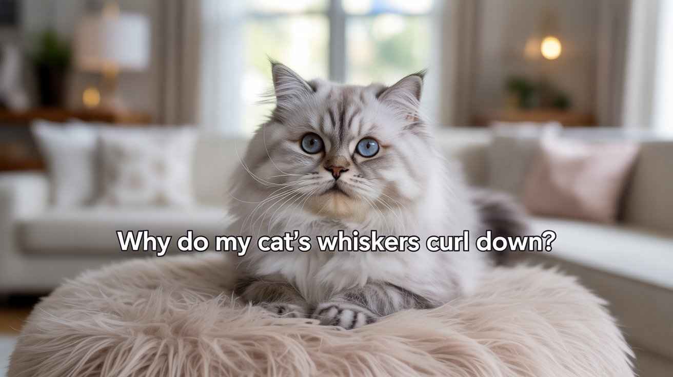 A fluffy, long-haired Persian cat with blue eyes and light gray tabby markings on its face and paws lies on a round, fur-covered ottoman. Its whiskers are visibly curled downward. The text "Why Your Cat's Whiskers Curl Down?" is superimposed over the image.