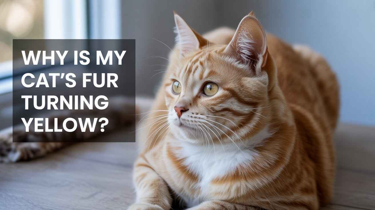 Why is my Cat's fur turning yellow?A fluffy, long-haired orange cat with amber eyes sits on a light-colored floor, looking directly at the camera.