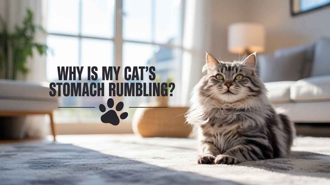 Why is my cat's stomach rumbling? A fluffy gray tabby cat is lying on a rug in a sunlit room. A paw print icon is also visible on the image.