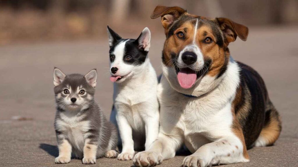 A kitten, a puppy, and a large dog are sitting together outdoors on a paved surface. The kitten, with gray and white striped fur, is on the left. In the middle is a black-and-white puppy, and on the right is a large brown, white, and black dog. All three are looking at the camera with their tongues slightly out, appearing happy and relaxed.