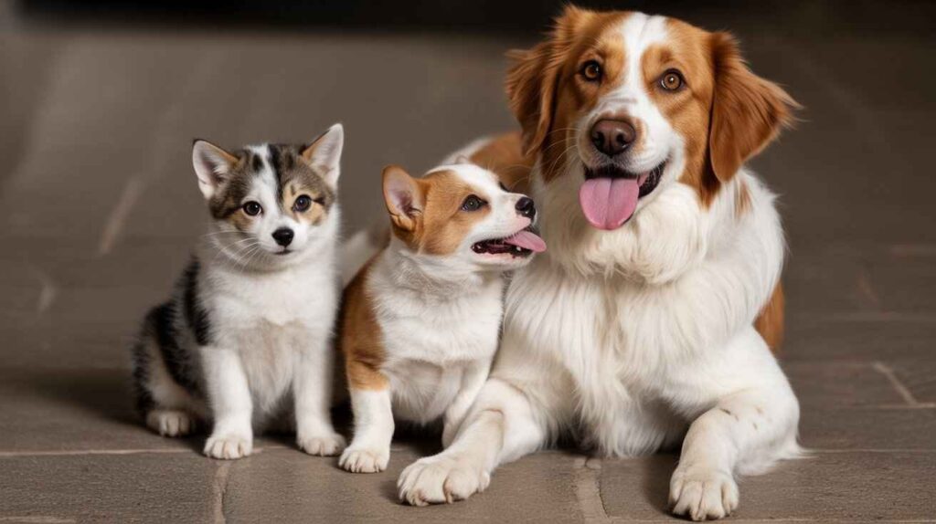 A group of three dogs—a large golden and white dog, a small corgi-like puppy, and a small black-and-white puppy—are sitting together on a tiled floor.