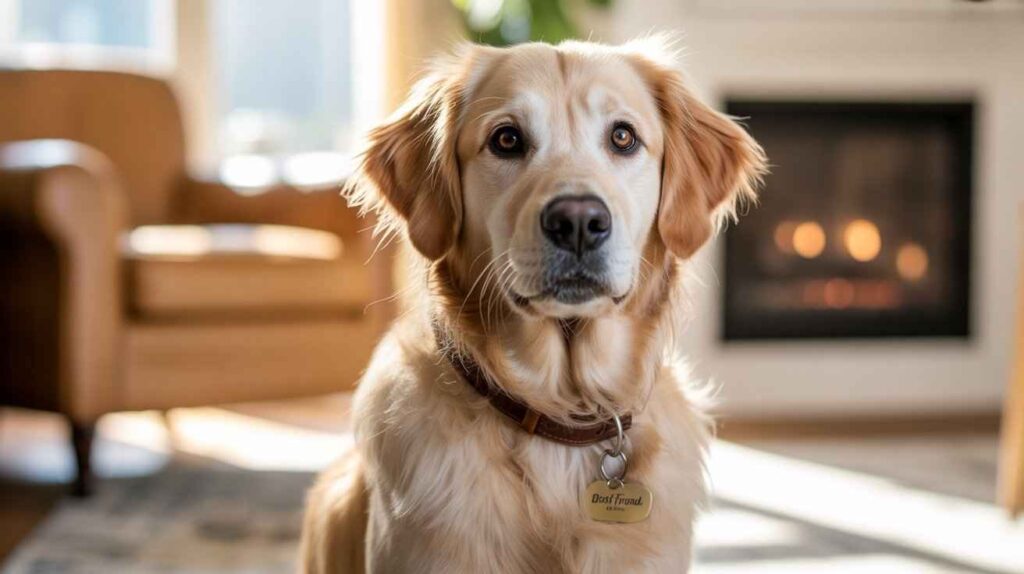 A close-up photograph of a fluffy golden retriever dog sitting indoors. The dog is looking directly at the camera with a calm, curious expression. Its golden fur is illuminated by sunlight from a nearby window, giving it a soft glow. In the background, a cozy living room is visible, with a fireplace and a plush armchair. A tag on the dog's collar reads "Best friend."