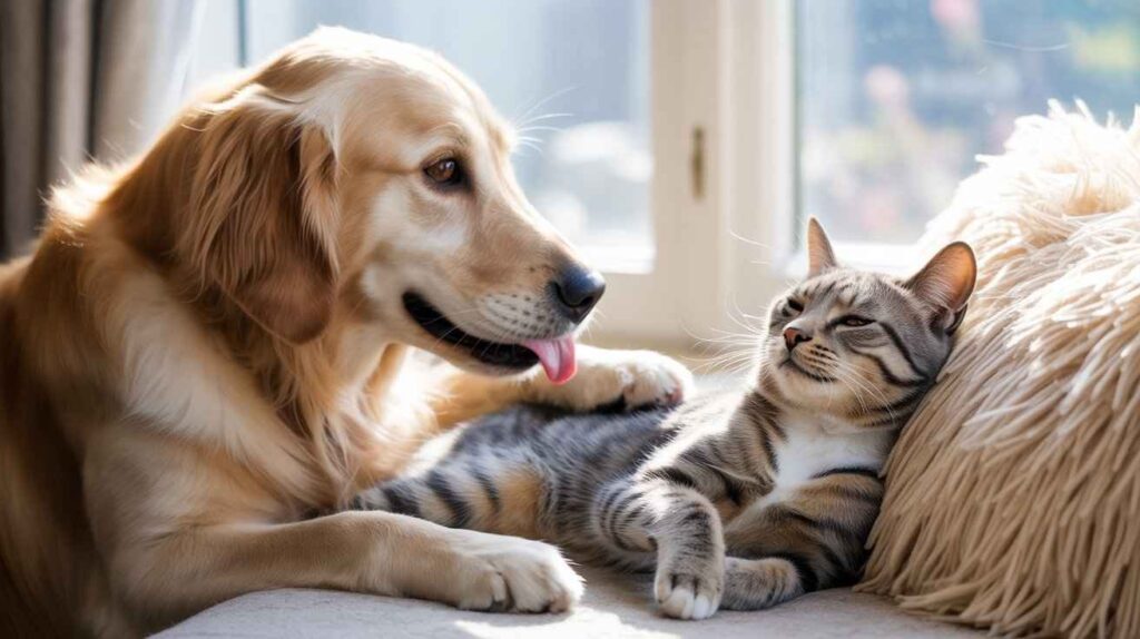 A friendly Golden Retriever dog lies next to a relaxed brown tabby cat, appearing to lick or nuzzle the cat. The cat is resting on a fluffy cream pillow in warm sunlight. [Why Your Dog Grooms Your Cat?]