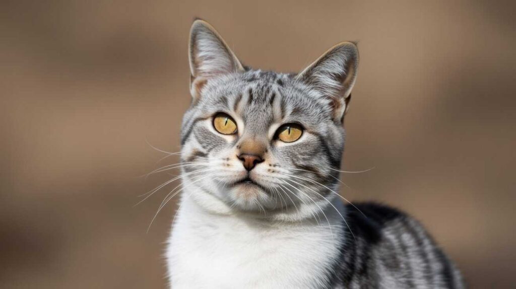 A close-up portrait of a gray and white tabby cat with prominent stripes and bright yellow eyes.