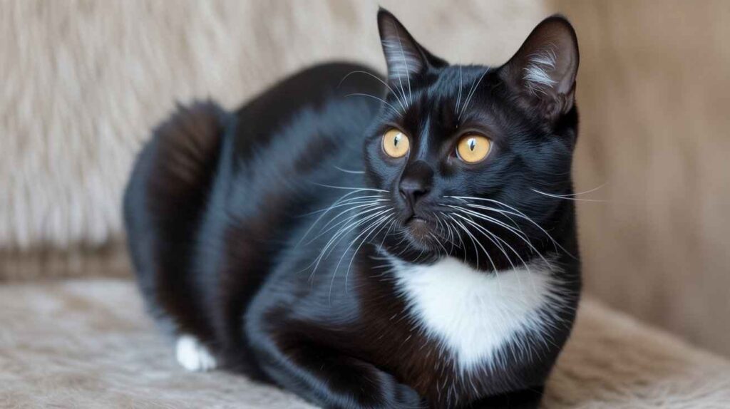 A sleek black cat with a prominent white chest patch and yellow eyes looks to the side while sitting on a textured beige surface. [Why Black Cats Have White Hair]