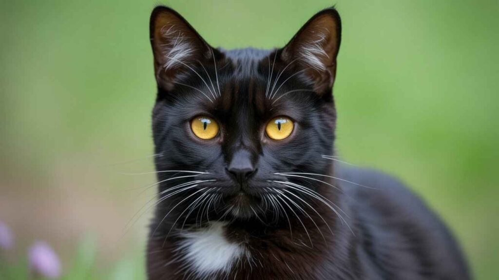 A close-up portrait of a sleek black cat with striking yellow eyes and a small white chest patch, set against a blurred green background. [Why Black Cats Have Yellow Eyes]