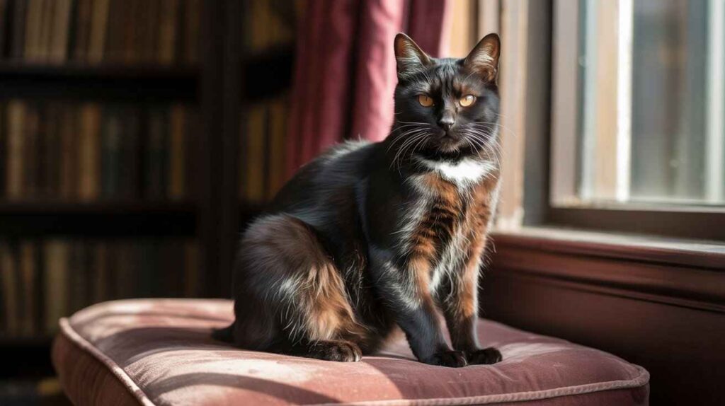 A sleek black cat with evident brown fur on its legs and chest, along with a white bib, is sitting on a pink velvet stool. It is illuminated by window light, showcasing the fur's color variation. This image is perfect for illustrating "Why Do Black Cats Turn Brown??"

