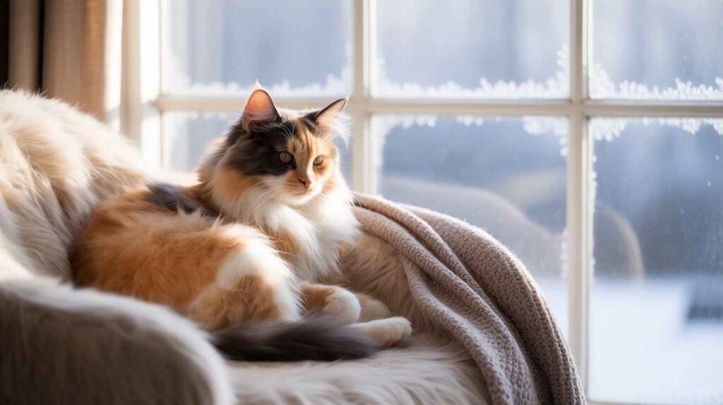 A beautiful, fluffy calico cat with orange, black, and white fur is lounging on a cream-colored furry armchair, looking out a window covered in frost. This wintry scene might prompt the question, "Why are my cat's ears cold?"