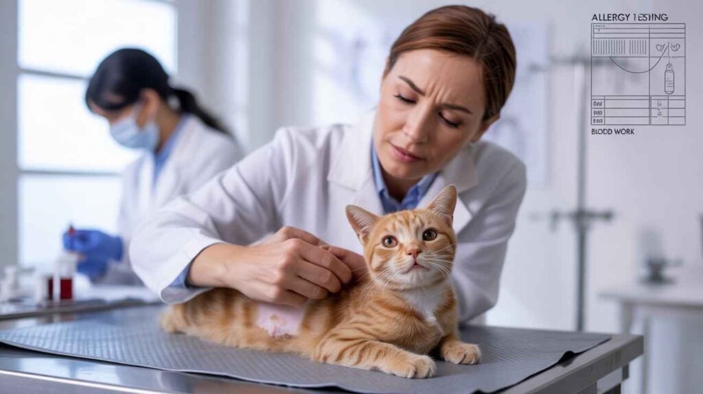 A professional female veterinarian is performing a procedure on a calm orange cat on an examination table, with another vet in the background. The scene suggests medical investigation, potentially for issues that cause cats to bite themselves while grooming.