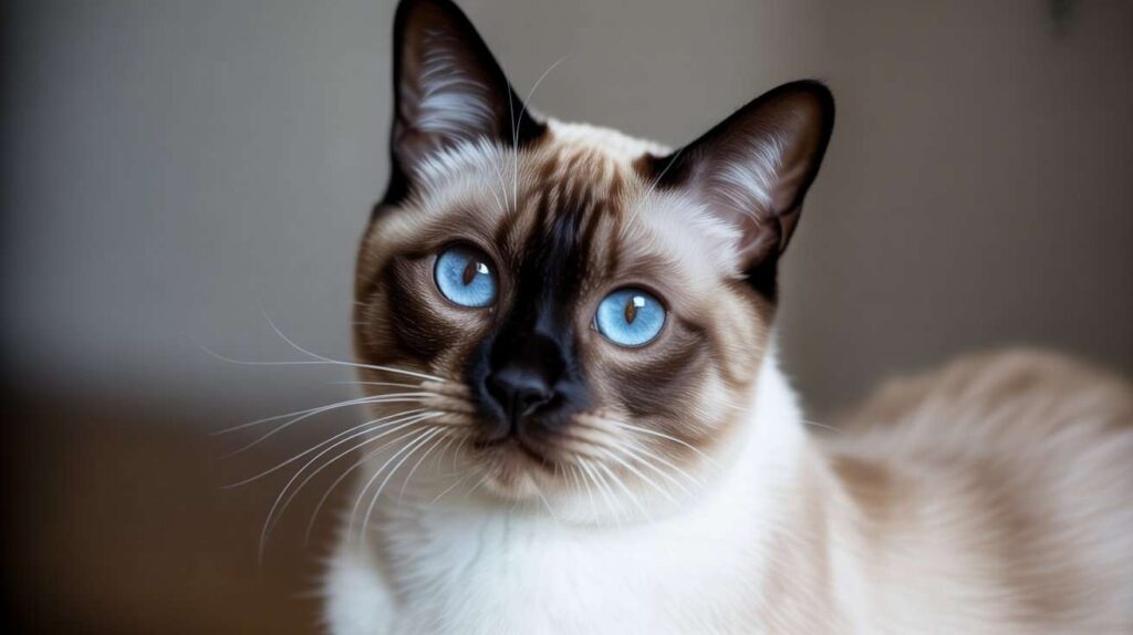 Portrait of an adult Siamese cat looking directly ahead, emphasizing the unique contrast between its dark mask and penetrating blue eyes. (Why Siamese Cats Have Blue Eyes)