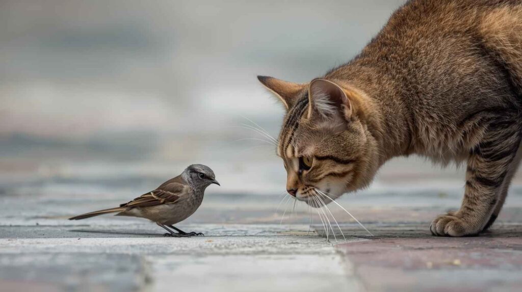 A curious brown tabby cat is crouched low, nose-to-beak with a small brown and grey sparrow on a paved surface, illustrating the close encounter between predator and prey. This image directly relates to "Why Do Cats Attack Birds."