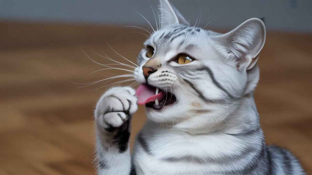 A highly detailed shot of a cat engaged in self-grooming, showcasing the tongue, paw, and whiskers, related to the topic of why cats bite themselves while grooming.