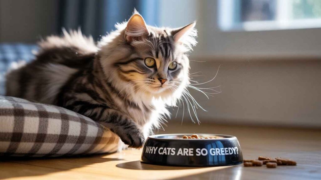 A fluffy silver tabby cat with green-yellow eyes is lounging on a plaid pet cushion, looking intently at a black food bowl on the wooden floor that asks, "WHY CATS ARE SO GREEDY?"