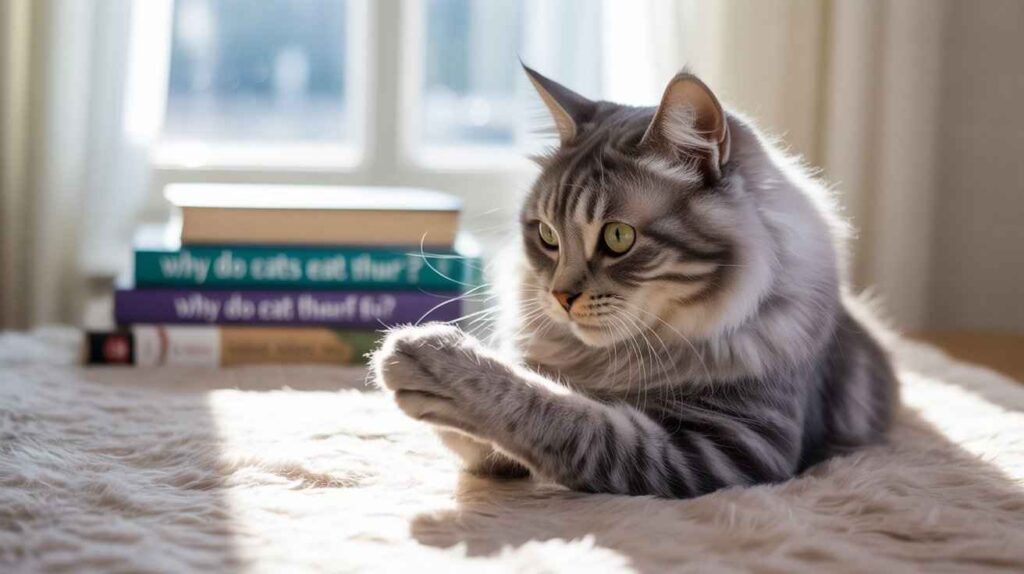 A beautiful silver-grey long-haired cat with green eyes and striped fur, posing near books that discuss cat behavior, specifically "Why do cats eat their fur?" which can be related to cats bite themselves while grooming.