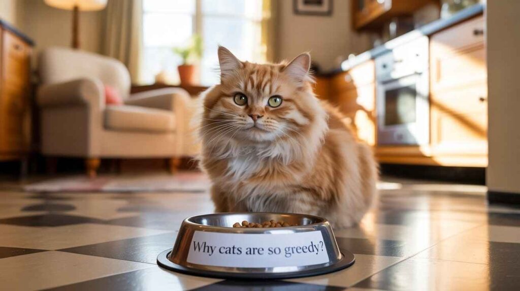 A fluffy orange and white long-haired cat is sitting on a black and white tiled kitchen floor, looking intently over a food bowl with a label asking, "Why cats are so greedy?"
