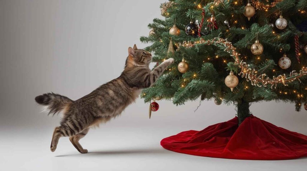 A lively domestic cat engaging with a decorated holiday tree, showcasing the common behavior of felines being attracted to shiny objects and branches. (Why Cats Attack Christmas Trees)