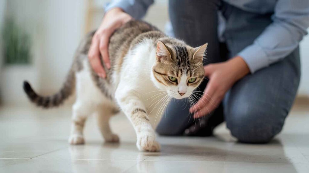 A person is gently supporting a white and brown tabby cat from behind as it walks forward on a tiled floor, suggesting the cat may need assistance with mobility. This directly relates to the question, "Why can't my cat walk?"