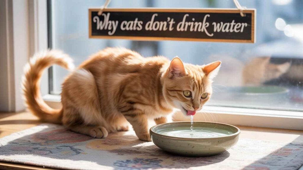A fluffy orange tabby cat is kneeling on a patterned mat by a sunny window, actively lapping water from a ceramic bowl. A sign hanging above it asks, "Why cats don't drink water."