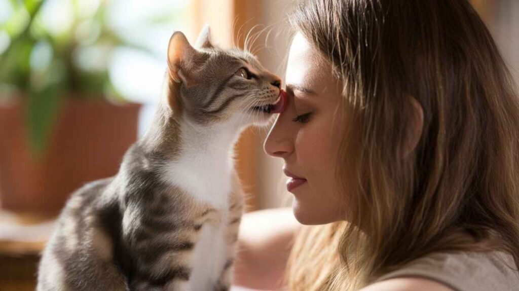 A cat licking and nibbling a woman’s hair, showing affectionate behavior — Why Do Cats Eat Human Hair.