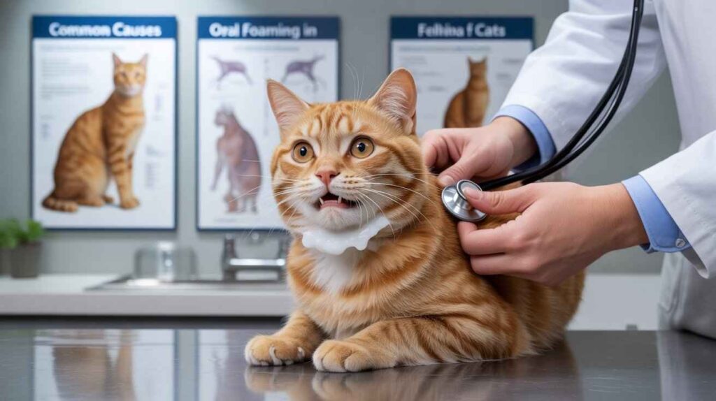 An orange tabby cat with a white bib is on an examination table, looking distressed with its mouth slightly open and a small amount of white foam or drool around its chin, while a veterinarian uses a stethoscope on its chest. This image directly illustrates the question, "Why Do Cats Foam at the Mouth."