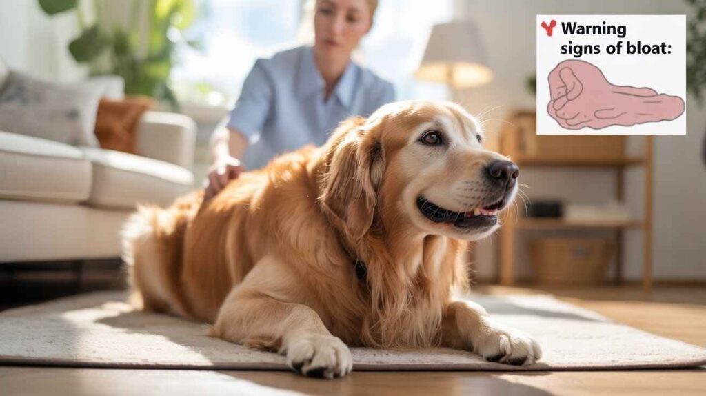 A Golden Retriever dog lies on a rug indoors as a person pets its back. An overlaid graphic in the corner warns about signs of bloat with an illustration of a stomach. [Why Your Dog Arches His Back Like a Cat?]