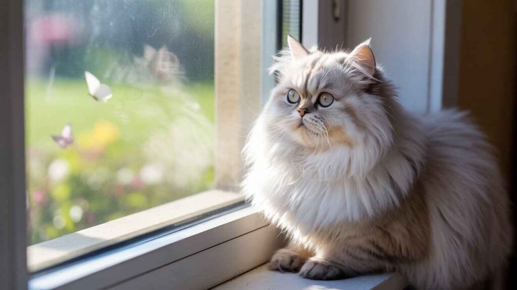 A beautiful, fluffy cream and grey Persian cat with large eyes is sitting on a windowsill, looking intently at two butterflies fluttering outside the window.