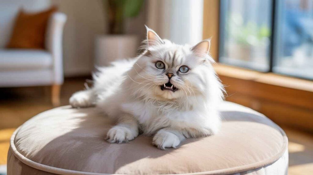 A beautiful, fluffy white Persian cat with light blue eyes is lying on a soft, light-colored ottoman, with its mouth slightly open in a hiss or yowl, revealing its teeth. This posture visually relates to health questions like, "Why are my cat's teeth yellow?"