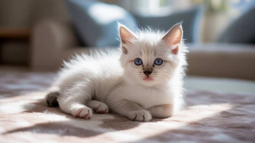 An incredibly fluffy, light-colored Siamese kitten with stunning blue eyes lying on a cozy rug in the sun. (Why Siamese Cats Have Blue Eyes)