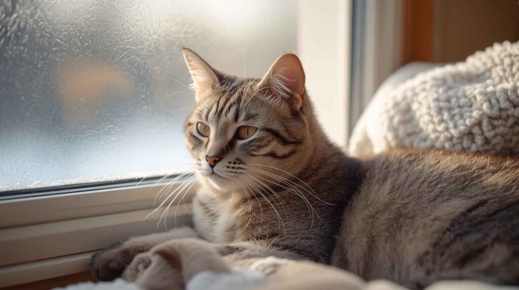 A beautiful brown tabby cat with subtle stripes and golden eyes is resting by a frosty or foggy window, nestled on a soft blanket. The chilly outdoor scene might prompt the question, "Why are my cat's ears cold?"