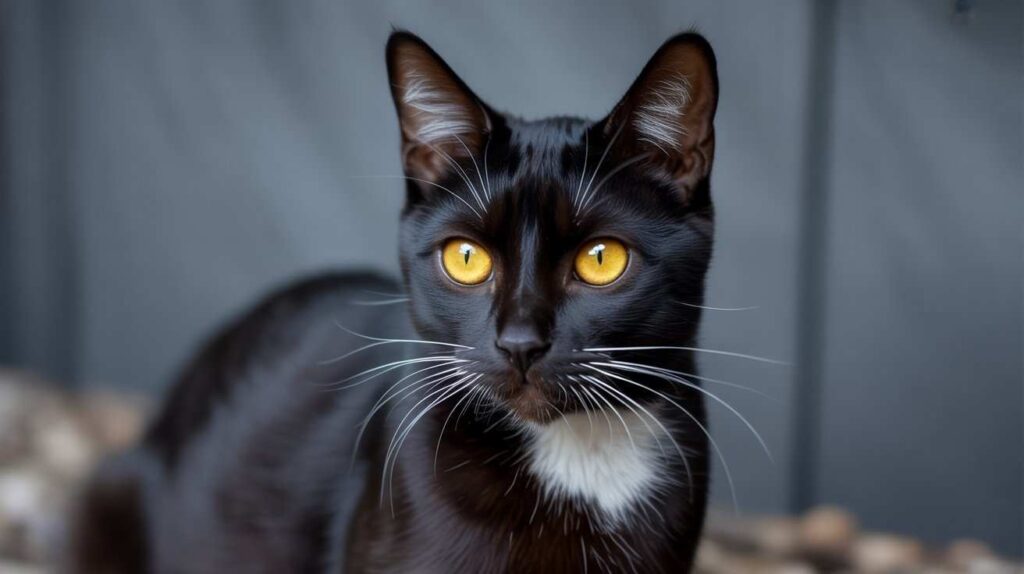 A close-up portrait of a sleek black and white tuxedo cat with striking yellow-gold eyes and white whiskers, set against a dark grey background. [Why Black Cats Have Yellow Eyes]