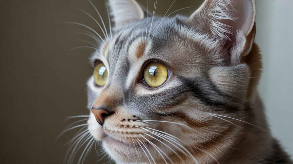 An extreme close-up of a gray tabby cat's face, highlighting its detailed fur and large, bright yellow-gold eyes. [Why Do My Cat's Eyes Change Color?]