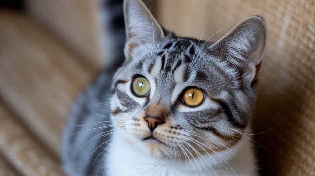 A close-up headshot of a gray and white tabby cat with heterochromia, featuring one light green eye and one deep gold eye. [Why Do My Cat's Eyes Change Color?]
