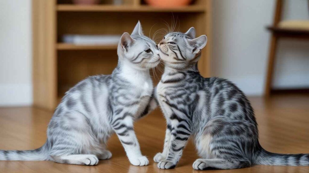 Two adorable silver tabby kittens with distinct stripe patterns are sitting face-to-face on a wooden floor, affectionately touching noses. This image shows a close bond, which sets a contrast to the question, "Why Are My Bonded Cats Fighting."