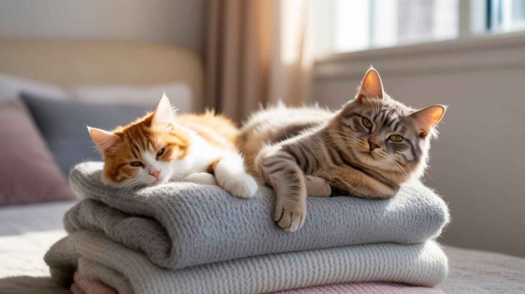 Two kittens, one orange tabby and one grey tabby, are lying comfortably on a neatly folded stack of sweaters or blankets in a sunlit room. The image sets a scene of cats claiming household items, relating to the behavioral question, "Why Are My Cats Peeing on My Clothes