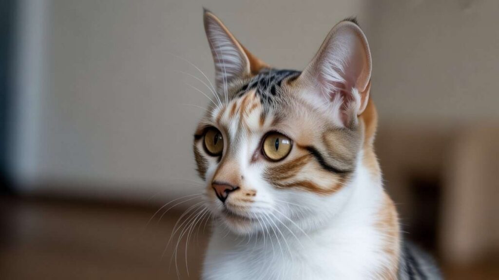 A close-up portrait of an alert calico cat with white, ginger, and tabby markings, and bright golden eyes, looking intently to the side. This image could be used in a discussion about feline health and body temperature, such as "Why are my cat's ears hot?"
