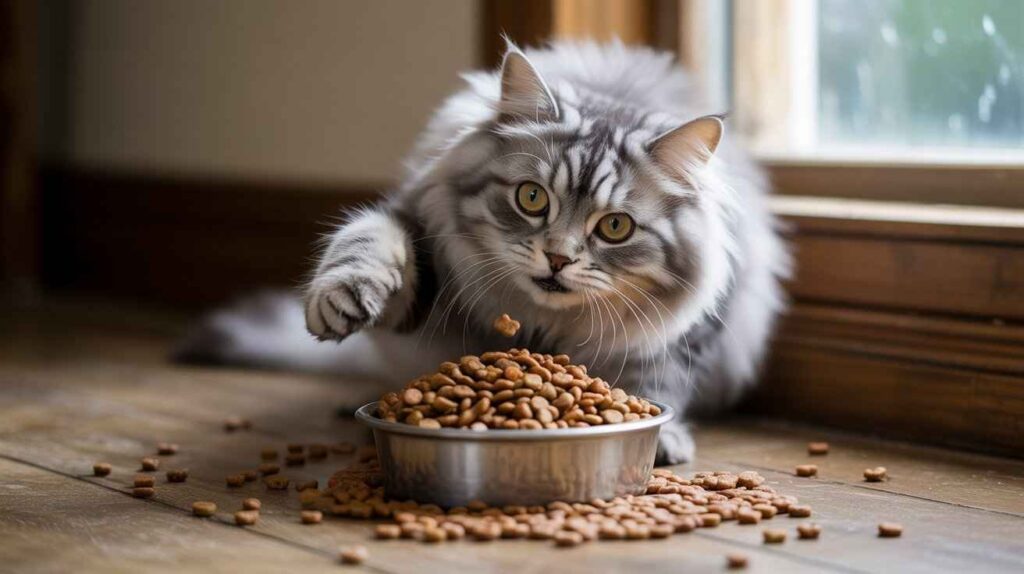 A fluffy silver tabby cat with wide yellow eyes is playfully batting at a piece of kibble that has fallen out of its overflowing food bowl, with more kibble scattered on the wooden floor.