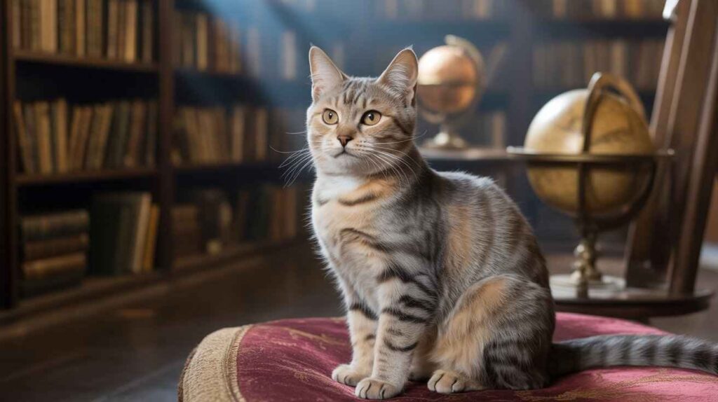 A beautiful gray and brown tabby cat sits on a red velvet stool in a room filled with books and antique globes, illuminated by a beam of light.