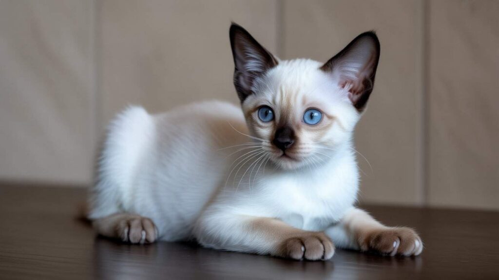 A beautiful Siamese kitten with striking blue eyes and dark points on its ears, nose, paws, and tail, lying on a wooden surface. (Why Siamese Cats Have Blue Eyes)