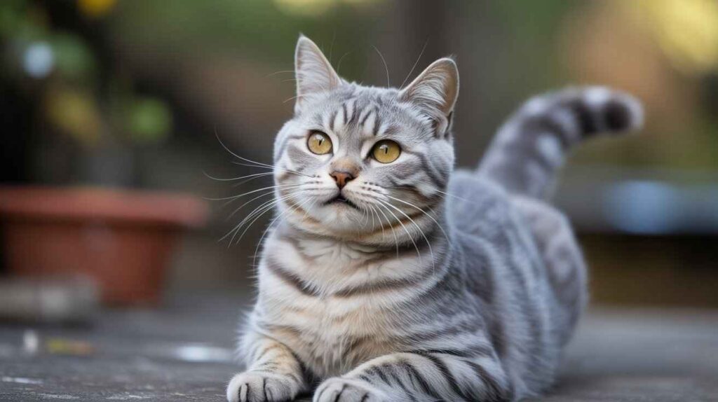 A beautiful silver tabby cat with large golden eyes is lying low on a patio or ground outdoors, in an alert and concentrated posture, which is often seen before a cat hunts. This relates to the question, "Why Do Cats Attack Birds."