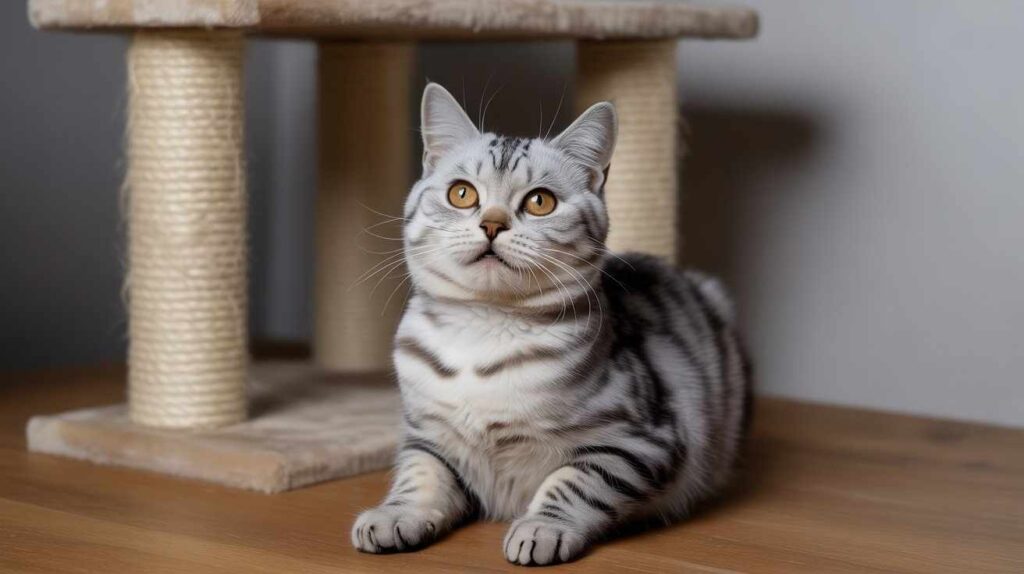 A beautiful silver tabby cat with large amber eyes is lying on a wooden floor next to a two-story scratching post wrapped in sisal rope.